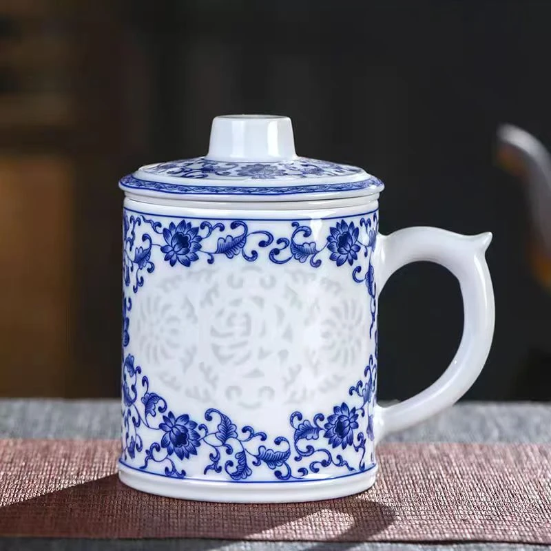 景德镇釉下彩陶瓷茶杯茶水分离办公杯大容量带盖过滤杯水杯子礼物