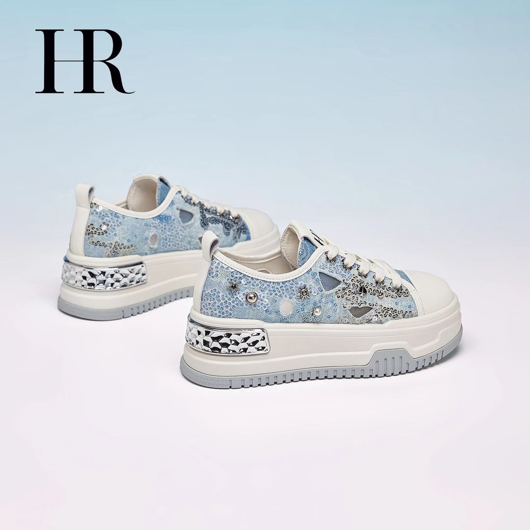 HR/赫莲娜时尚百搭夏季新款破洞牛仔帆布鞋厚底小众休闲板鞋透气
