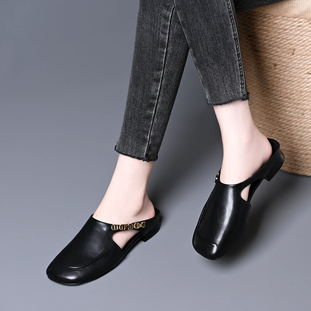 金属链条镂空包头半拖鞋女2025春夏新款方头平底软皮后空穆勒鞋子