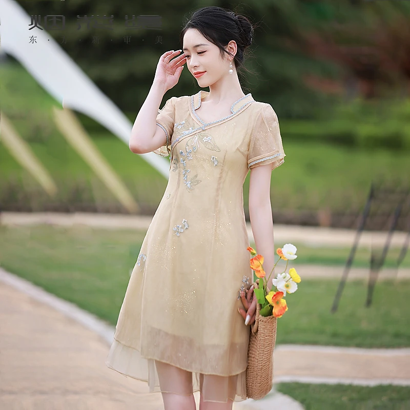 烟花烫改良日常旗袍女 2025夏季新款小个子减龄刺绣连衣裙 格颜