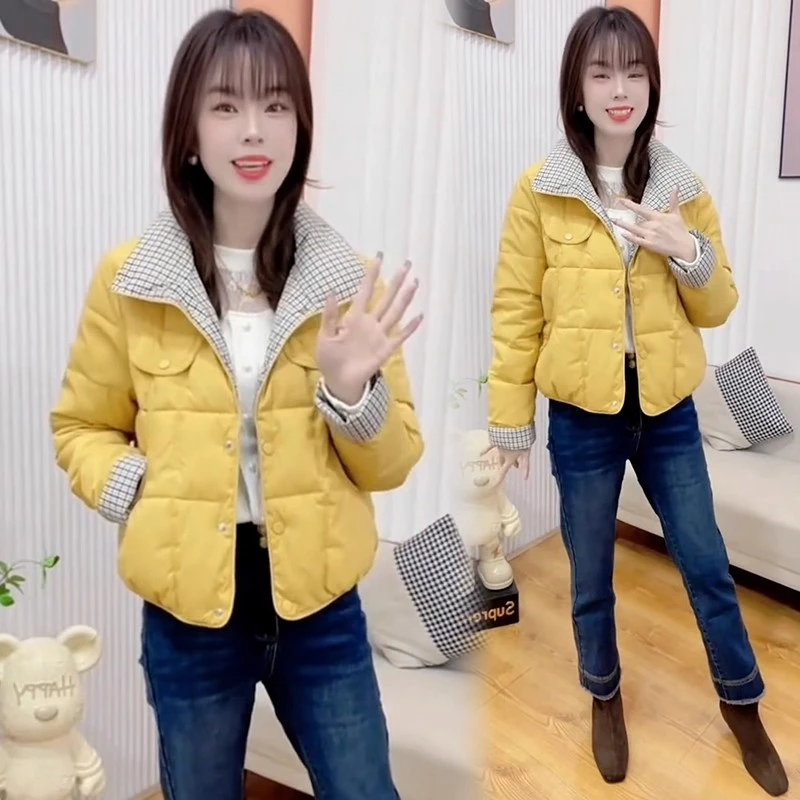 短款羽绒棉衣外套女2025冬季新款洋气显瘦保暖格子拼接加厚棉服潮