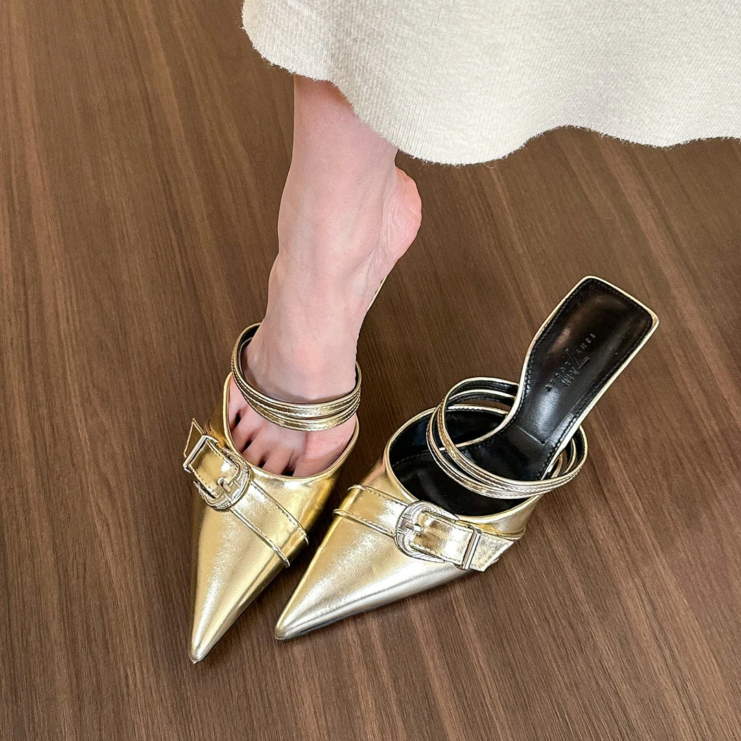 法式超火！ 金色尖头高跟半拖鞋女外穿2025春夏新款细跟穆勒鞋子