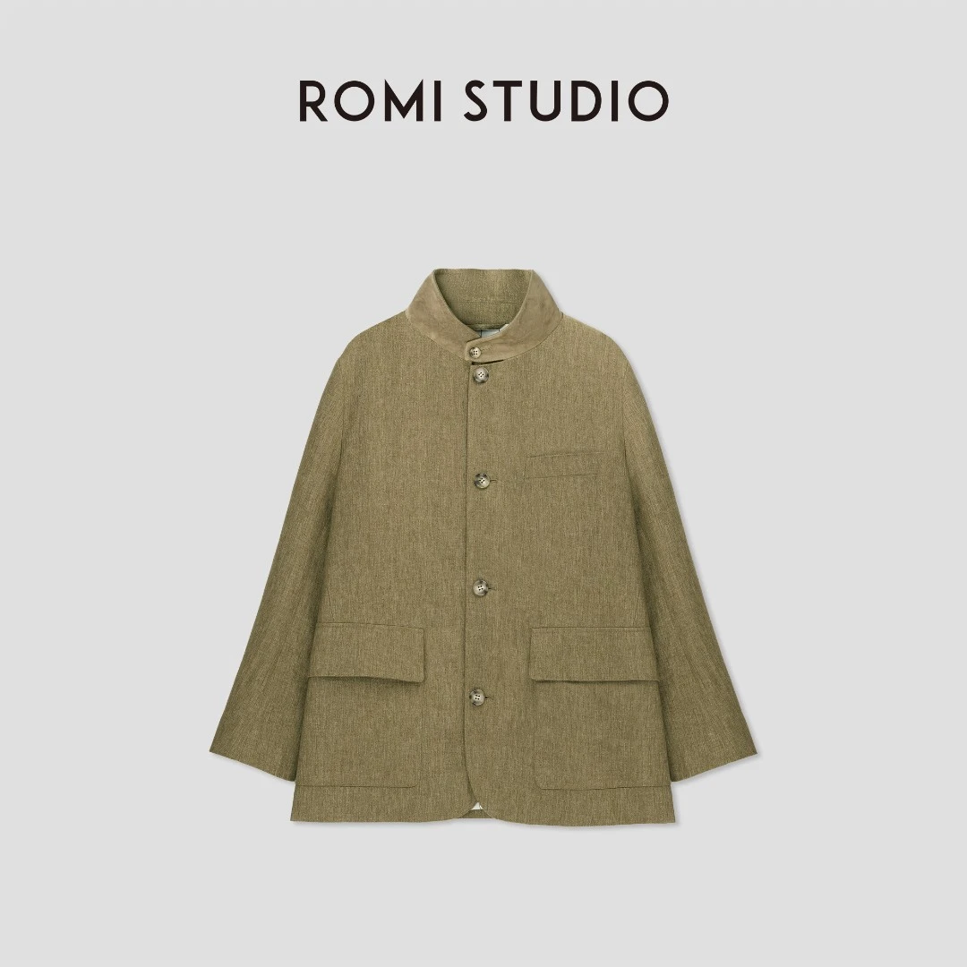 ROMI STUDIO“禅意东方”50%麻混纺人字纹肌理拼皮外套24SSW107