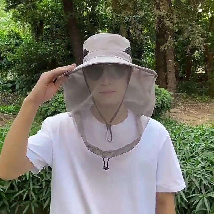 防蚊帽户外钓鱼帽男款遮脸防晒帽透气网纱面罩夜钓防虫防蜂帽大檐