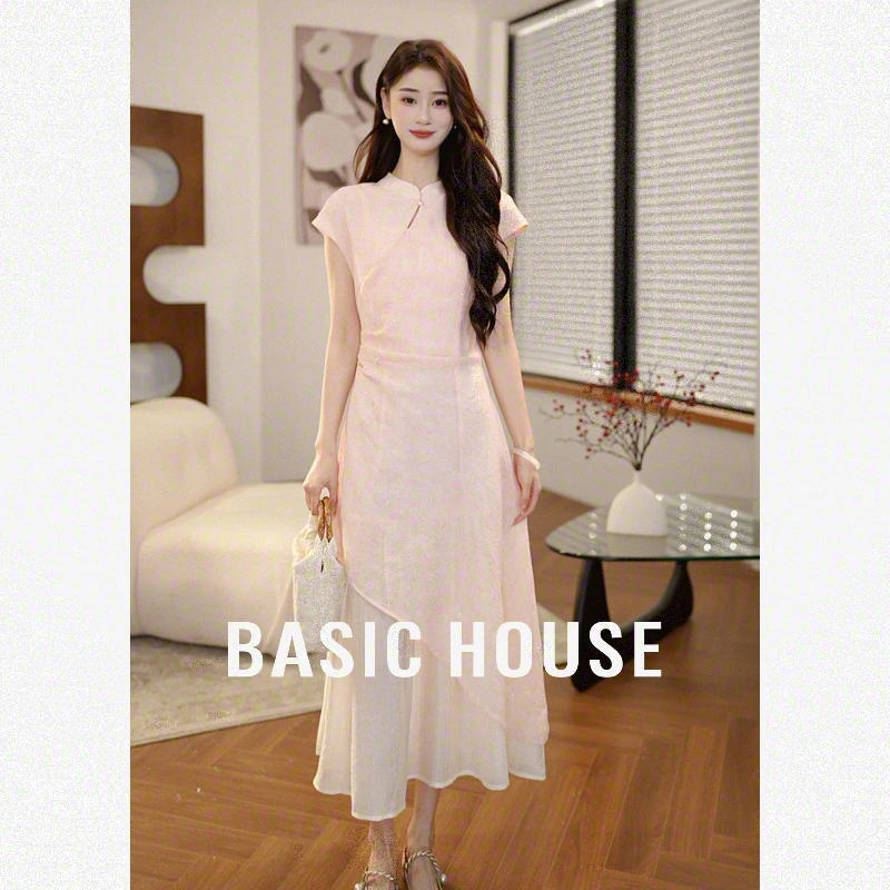 Basic House/百家好欧若新中式改良款粉色假两件旗袍B1195B5R952