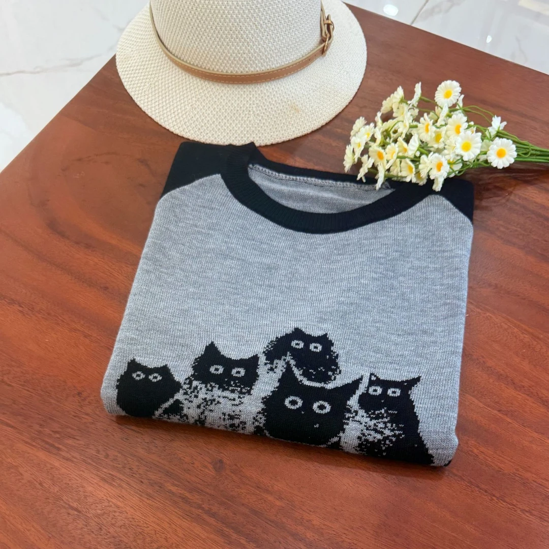 【桑蚕丝羊毛】秋季插肩袖猫黑灰针织衫圆领女装打底衫T恤长袖767