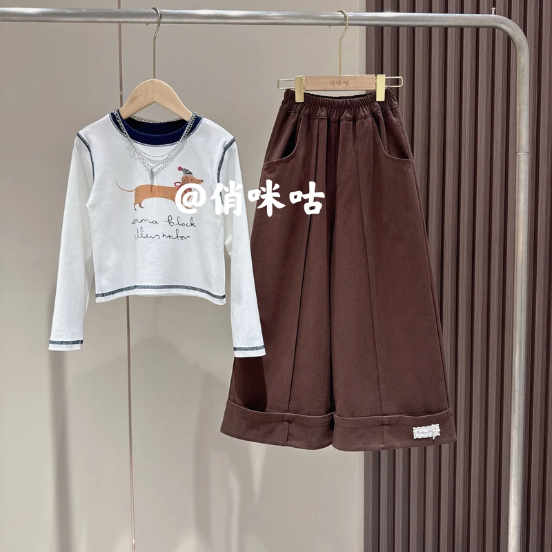 女童秋季新款韩范时尚腊肠狗长袖上衣个性贴标翻边阔腿裤套装