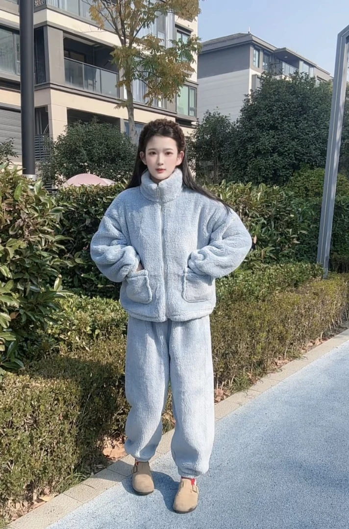 【加厚套装】秋冬季睡衣女加绒加厚情侣款居家服套装可外穿3