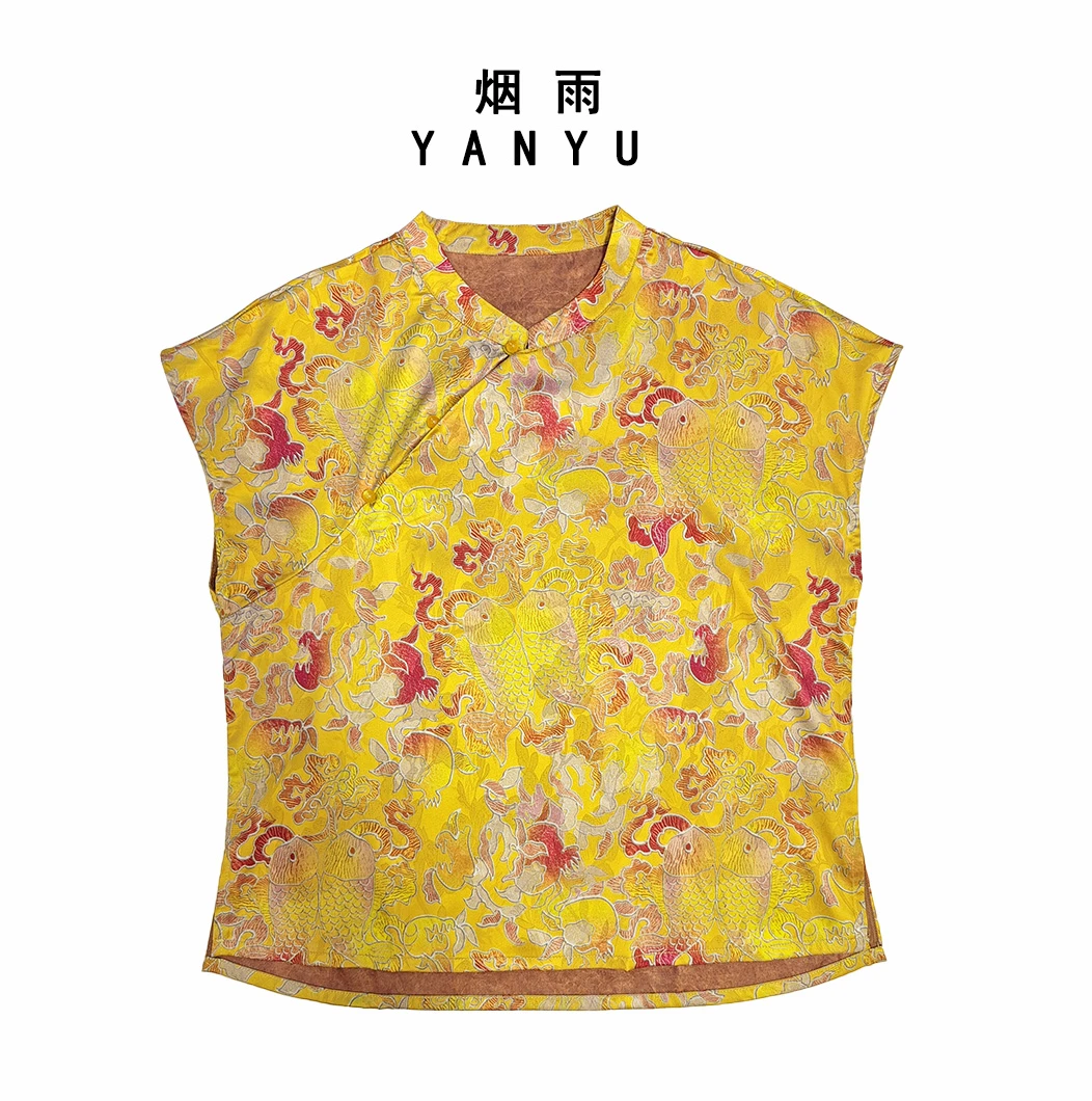 YANYU/烟雨【双鱼抱福】新中式印花上衣斜襟气质日常短袖夏季T恤