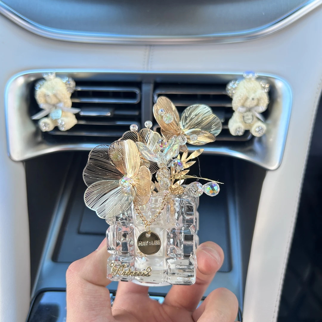 汽车水晶摆件双生花女生车内装饰用品大全中控台高级感花朵饰品