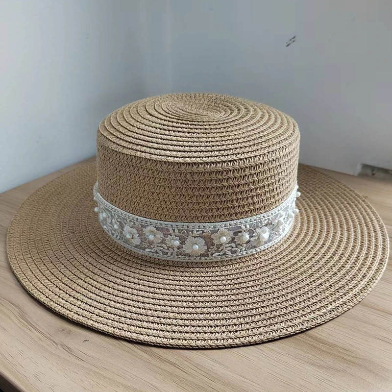 复古平顶草帽蕾丝钉珠遮阳帽