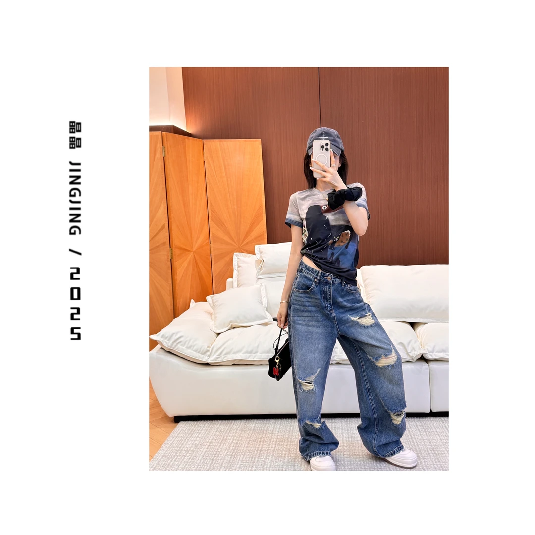 XIAOJING 【夏日裤】夏季随心无弹直筒磨破阔腿牛仔裤