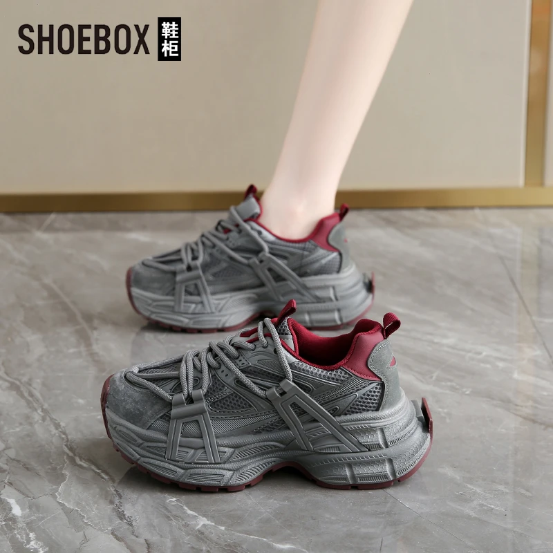 SHOEBOX/鞋柜爆款老爹鞋女2025春季新款透气安可拉红厚底运动鞋子