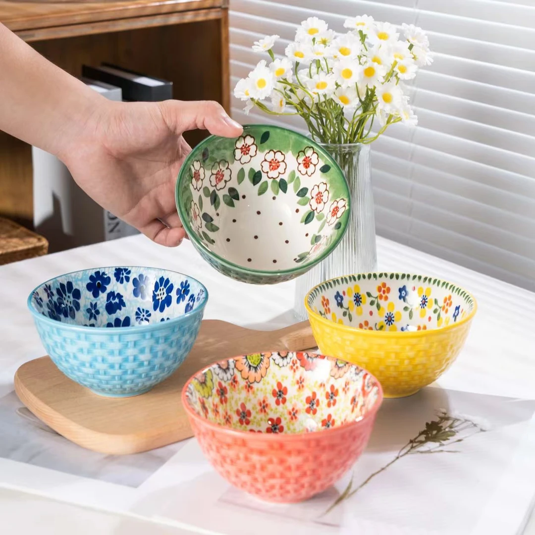 【初下厨】竹编手绘轻奢陶瓷釉下彩4.75英寸大碗米饭碗四色碗家用