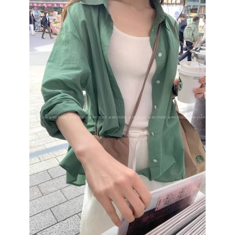 2025新款夏日清新绿色宽松衬衫韩风氛围感外搭长袖显白衬衣女
