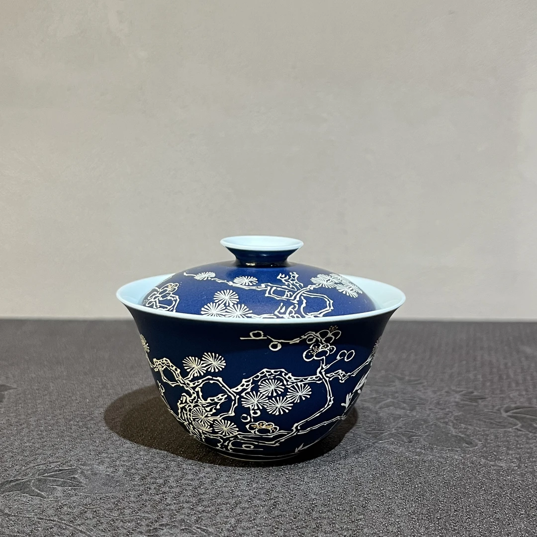 SH3312[学茶严选]霁蓝银彩松枝卧足盖碗 陶瓷