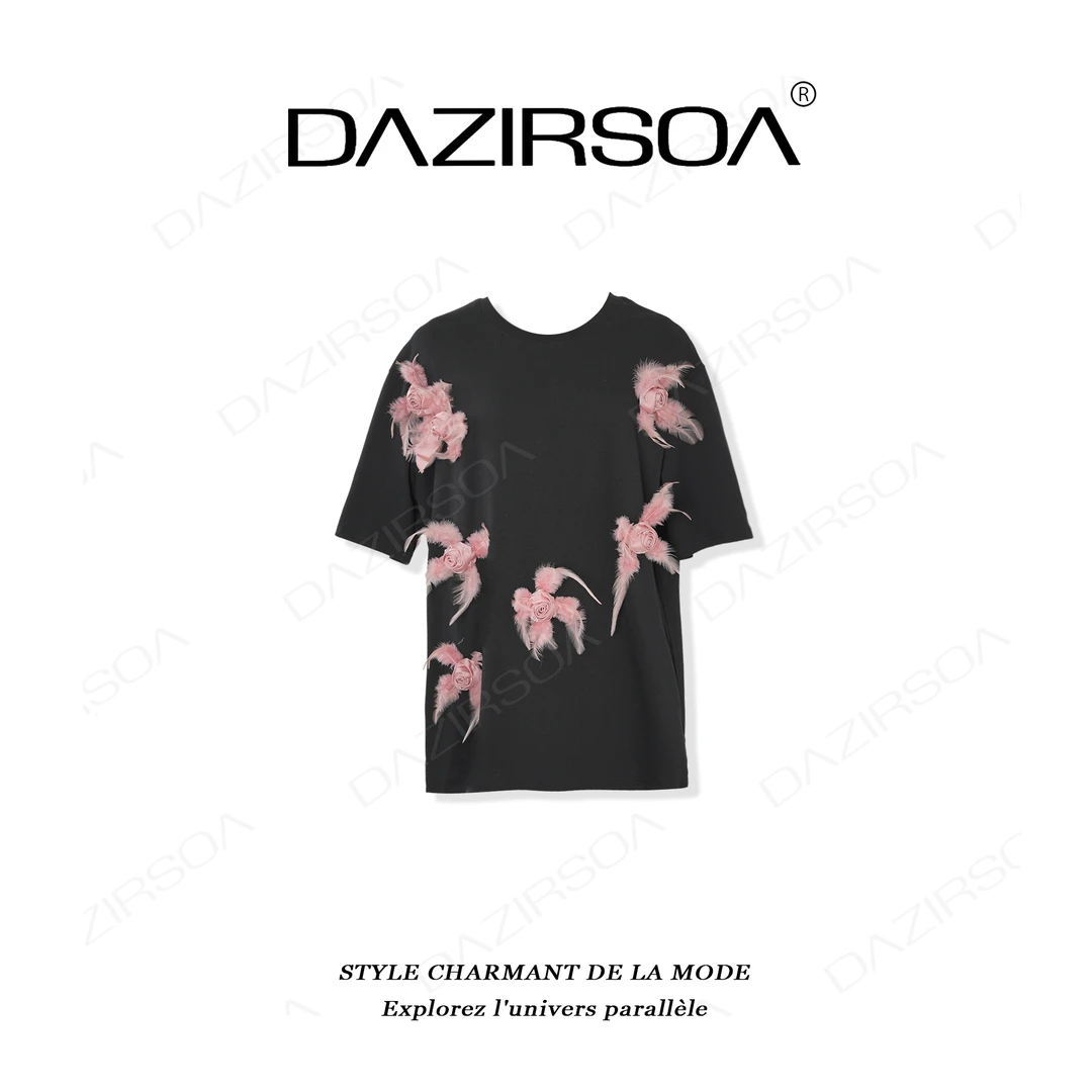 DAZIRSOA/达姿“沙伦玫瑰”时尚百搭拼接玫瑰花个性T恤 X567