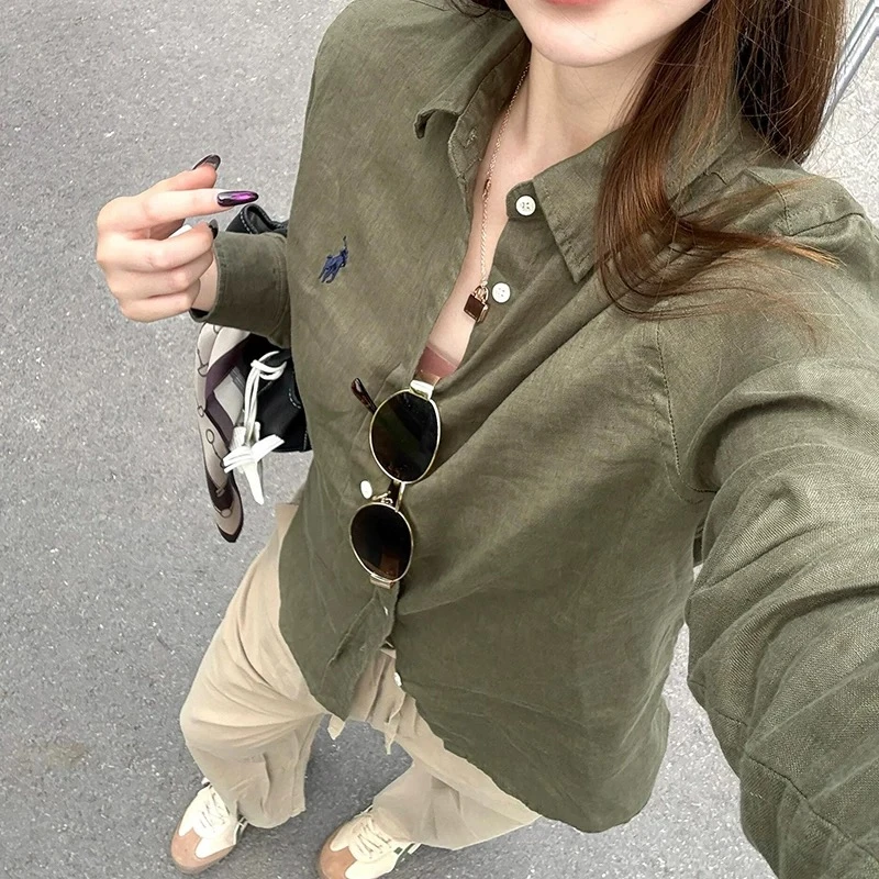 慵懒chic】2025韩版老钱风棉麻长袖衬衫胸口小马刺绣防晒衬衣