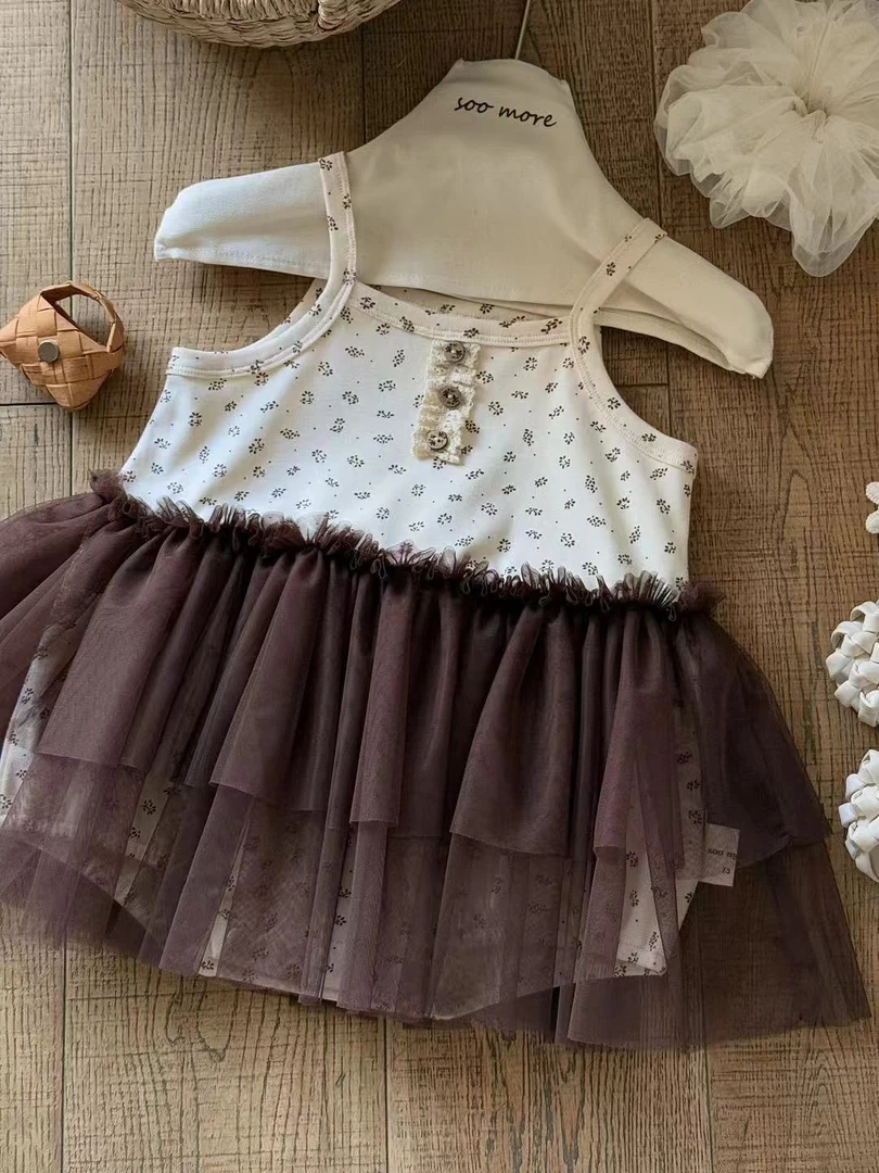 婴儿衣服全棉A类针织夏装吊带裙女宝宝满月百天网纱碎花吊带裙