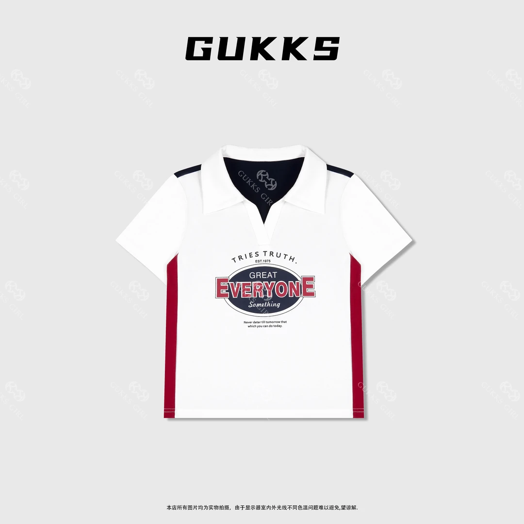 娜娜GUKKS/夏季美式学院风时尚印花拼接短袖t恤设计师款