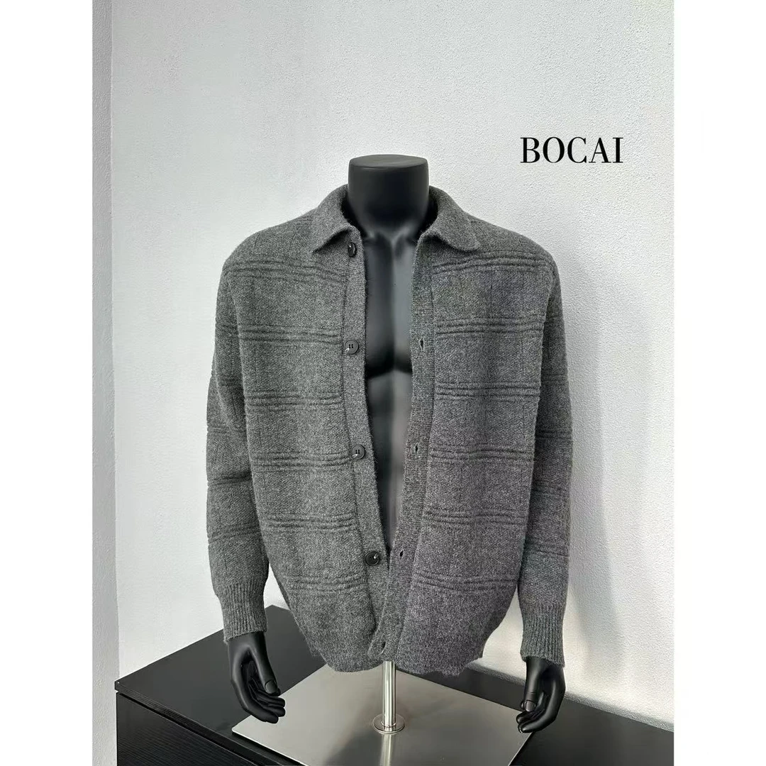 BOCAI新款复古重磅高级感翻领简约百搭通勤老钱针织开衫毛衣外套