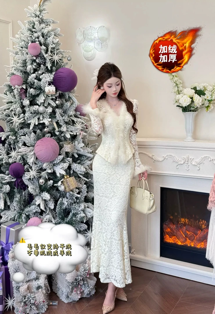 【精选优品】秋冬加厚上衣修身蕾丝半裙重工纯欲女时尚套装252305