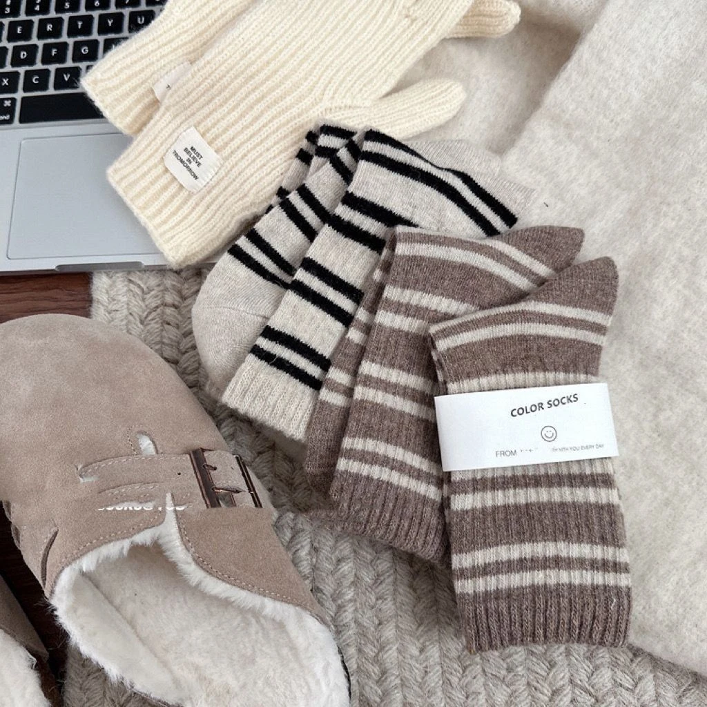 裤子条纹保暖中筒袜袜子女女袜韩国羊毛袜ins加厚配鲨鱼冬秋冬