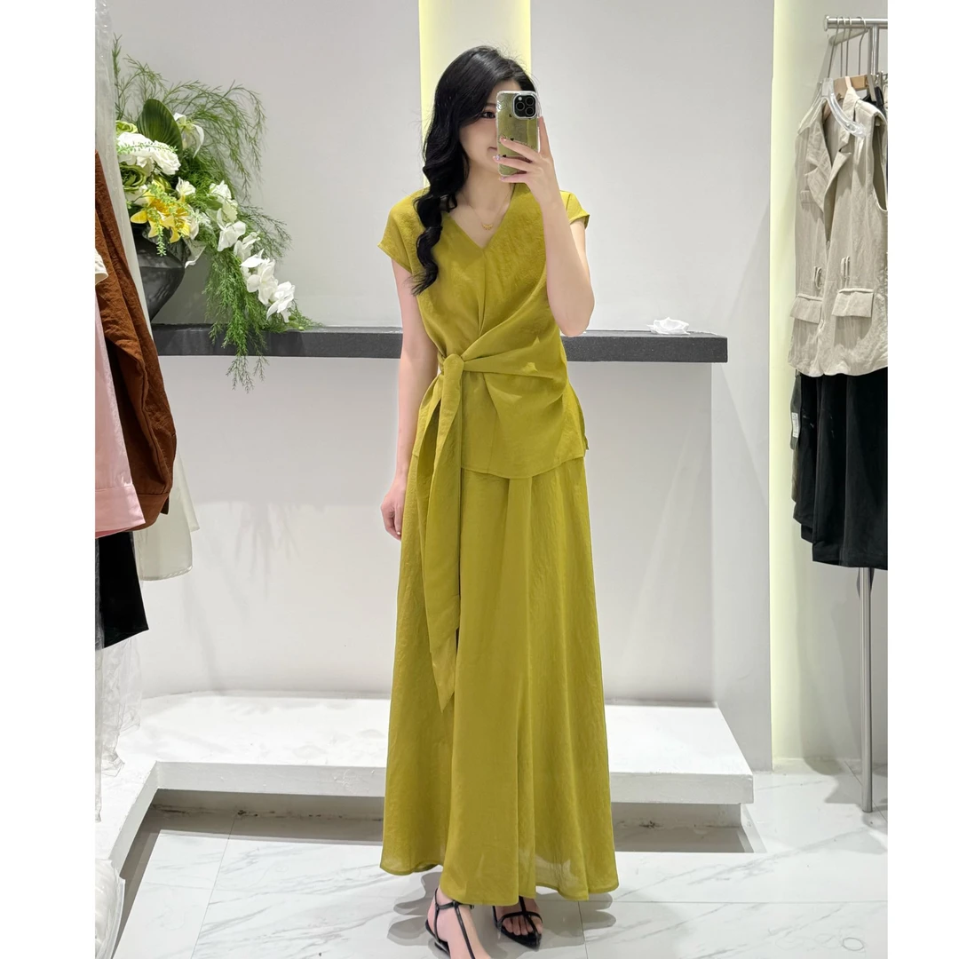 [YI家服饰]裹身系带V领挂脖无袖上衣夏高腰显瘦长裙套装1233