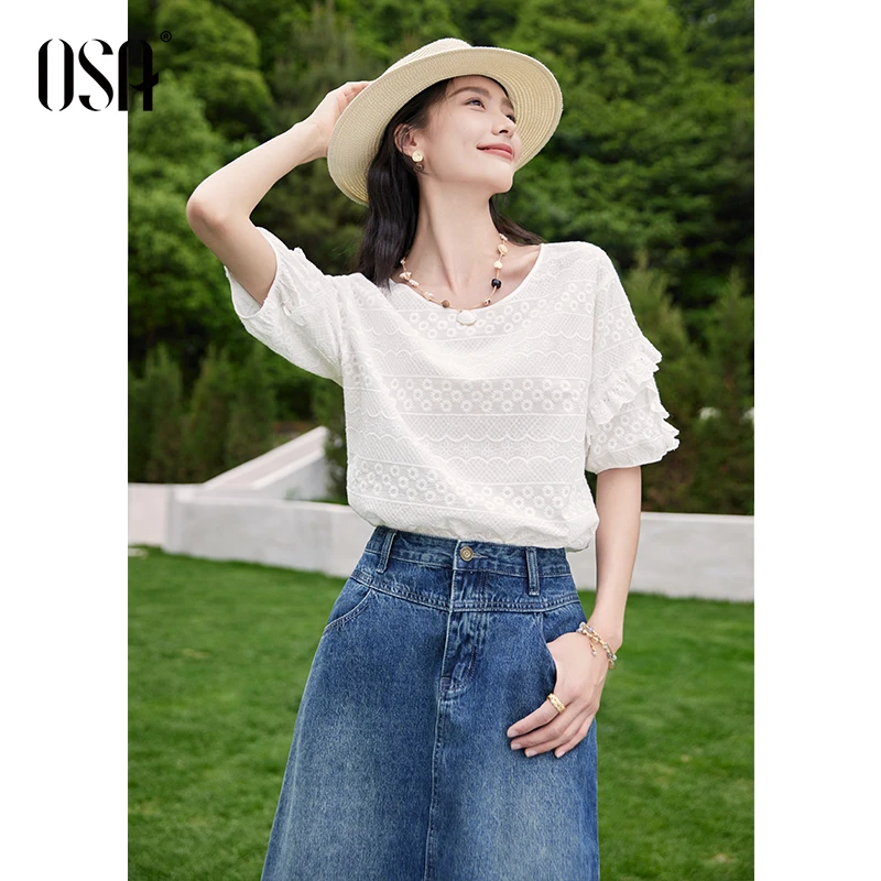 OSA复古刺绣女衬衫夏季宽松显瘦棉质雪纺衫上衣女S125B17010