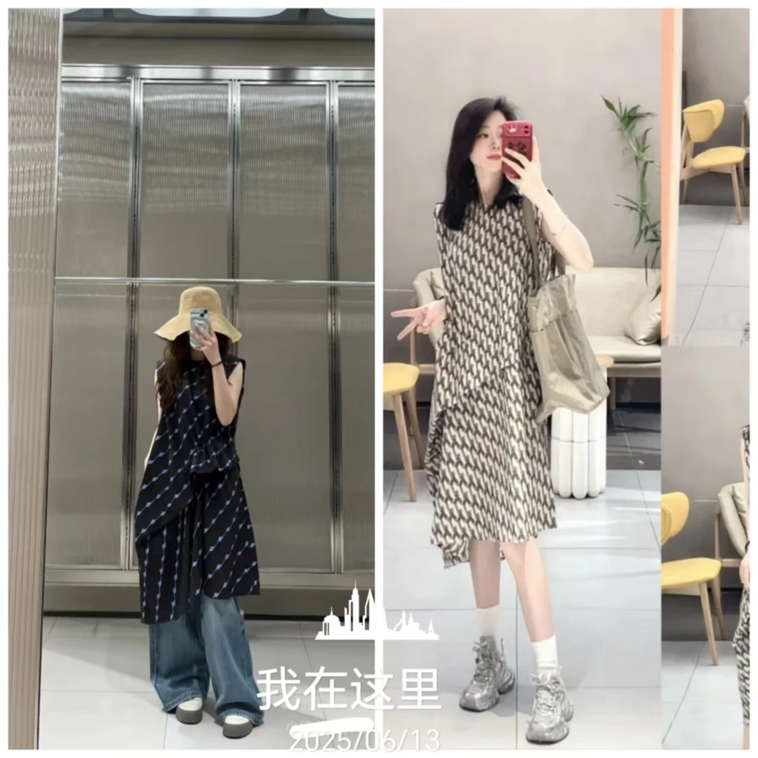 新款基础不规则印花宽松版型无袖连衣裙【888】