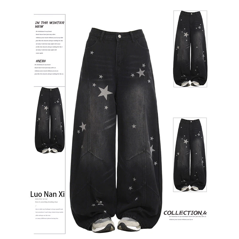 特大码美式星星印花牛仔裤女秋季胖mm宽松显瘦梨形身材阔腿弯刀裤