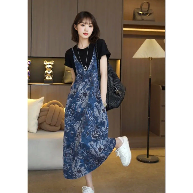 短袖假两件连衣裙夏季新款韩版时尚宽松显瘦拼接印花中长裙子