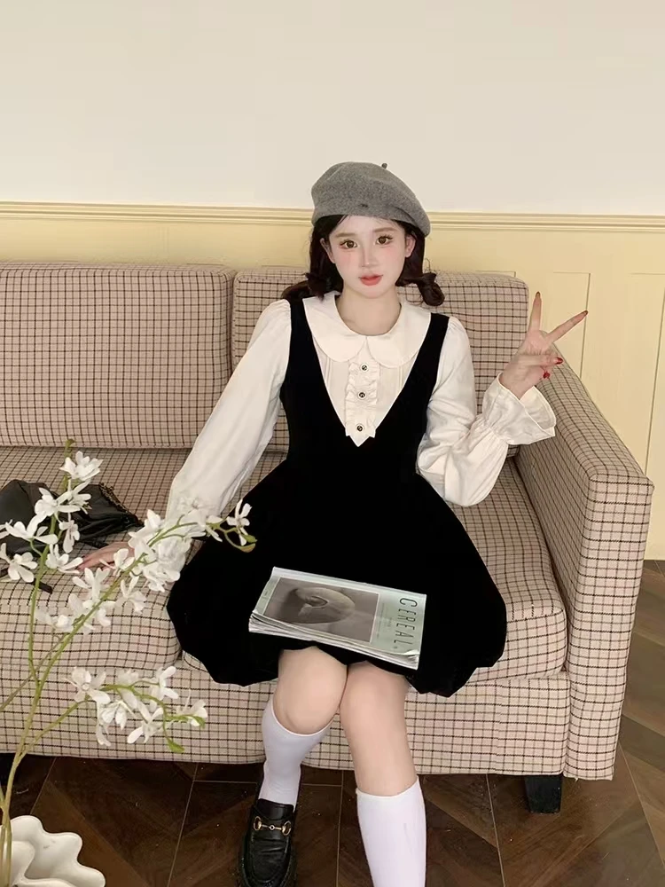大码甜美撞色假两件丝绒连衣裙秋冬新款气质显瘦花苞裙2750/2751