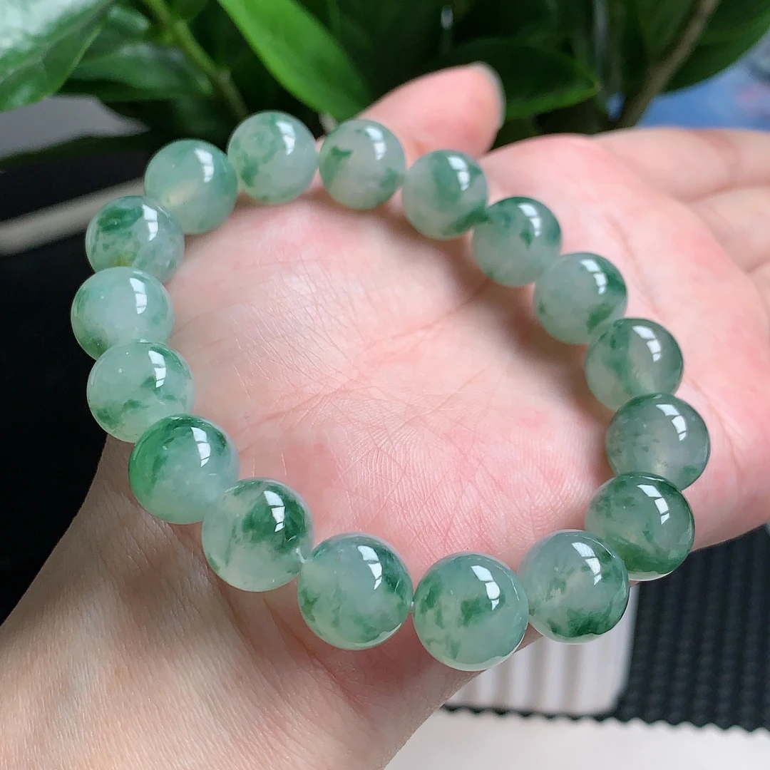 天然A货翡翠，冰润飘花珠子手链12.5mm0417时尚百搭精美小清新气质