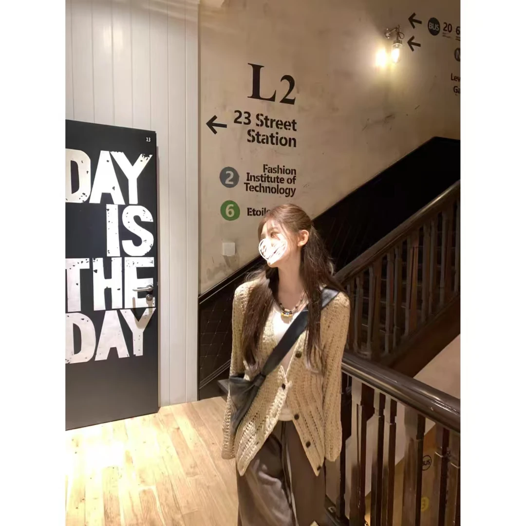 秋冬慵懒少女通勤风毛衣开衫长袖针织衫上衣+咖色长裤两件套00388