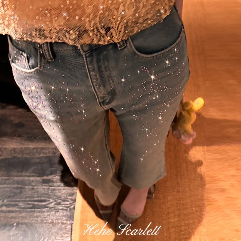 【3月第一期】你的呵呵丨光影时髦细闪烫钻解构剪影直筒九分牛仔裤