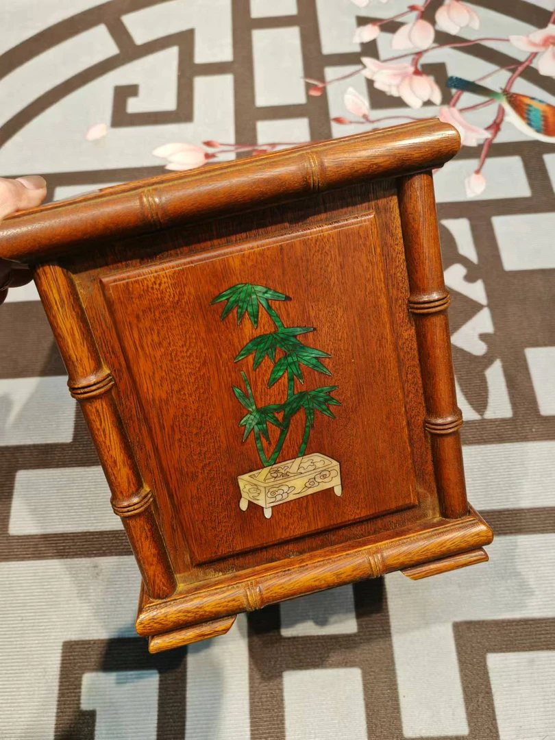 花梨木螺钿镶嵌笔筒画筒20*20*25