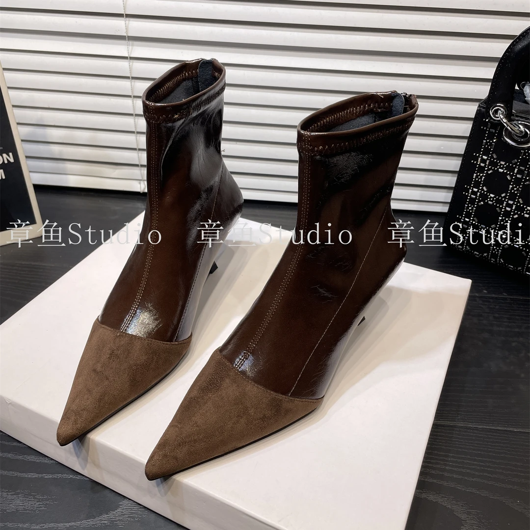 百搭通勤绒面拼接高跟尖头短靴2025秋冬新款细跟后拉链弹力瘦瘦靴