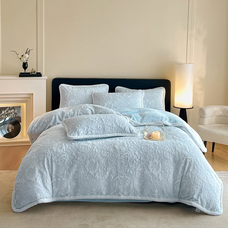 轻奢公主风雕花牛奶绒床单四件套韩版纯色少女心加厚双面绒被套
