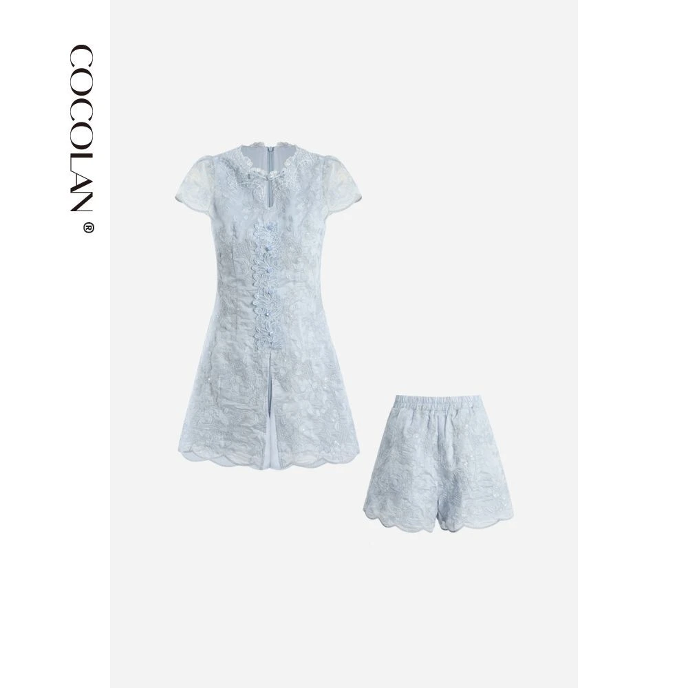 董小姐【蕾丝夏梦】夏季新款圆领蕾丝刺绣旗袍裙+显瘦短裤套装女