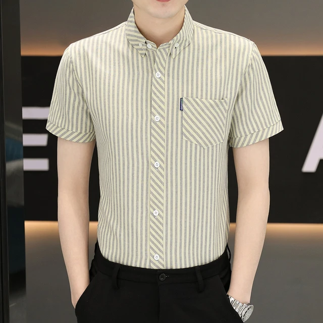 夏季男装短袖衬衫竖条纹有口袋透气薄款立领寸衫青年帅气百搭衬衣