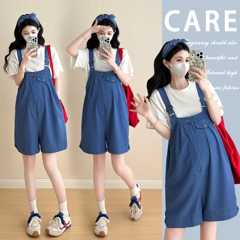 2025新款冰丝砂洗牛仔显瘦宽松直筒孕妇背带短裤搭配白色短袖套装