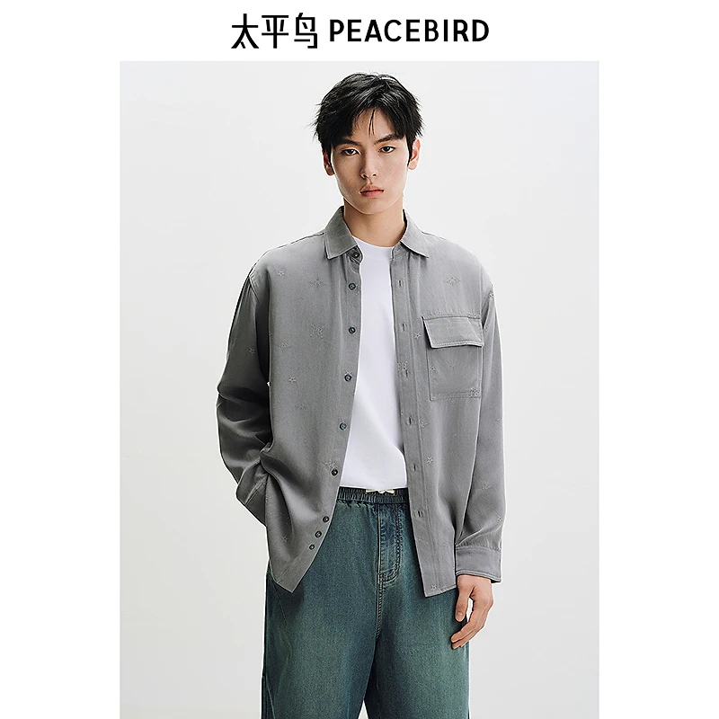 【商场同款】太平鸟男装 休闲长袖刺绣麂皮老花长袖衬衣B1CHE2124