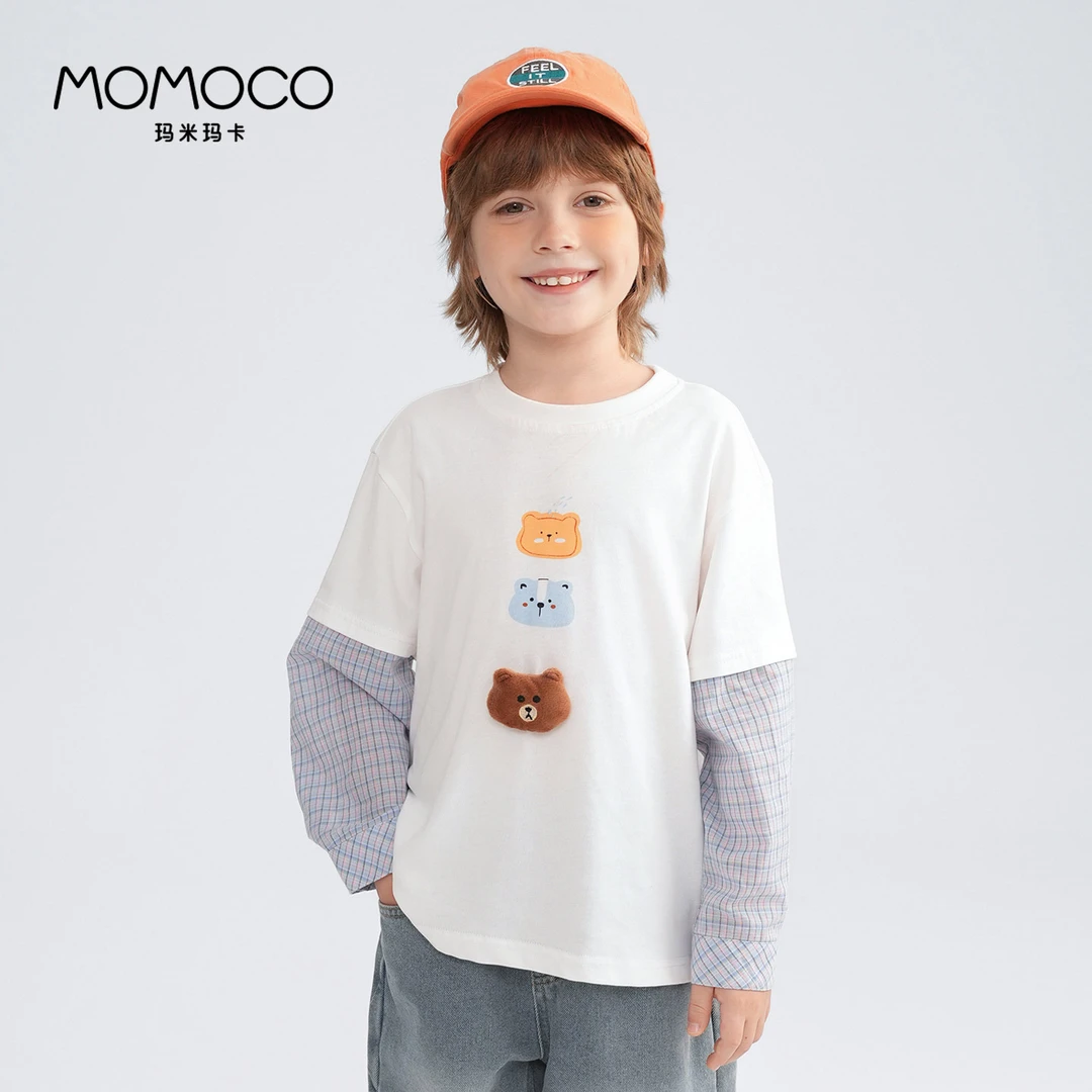 MOMOCO春秋季男童潮流时尚长袖T恤可爱小熊卡通上衣77330235015