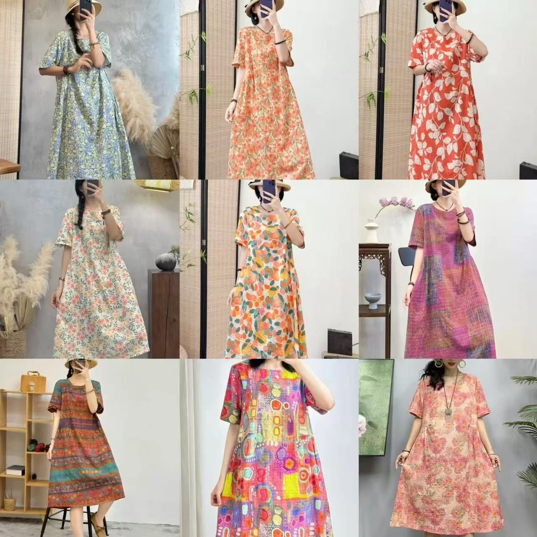 宽松常规多巴胺穿搭连衣裙印花修身碎花夏季圆领