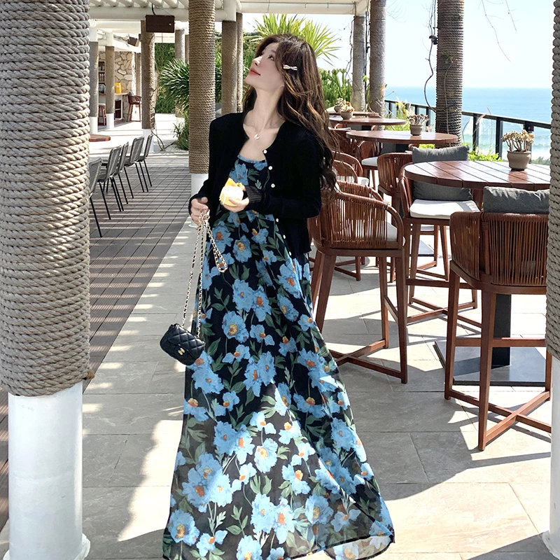 海边度假风碎花吊带连衣裙套装女2025春季新款针织开衫披肩两件套