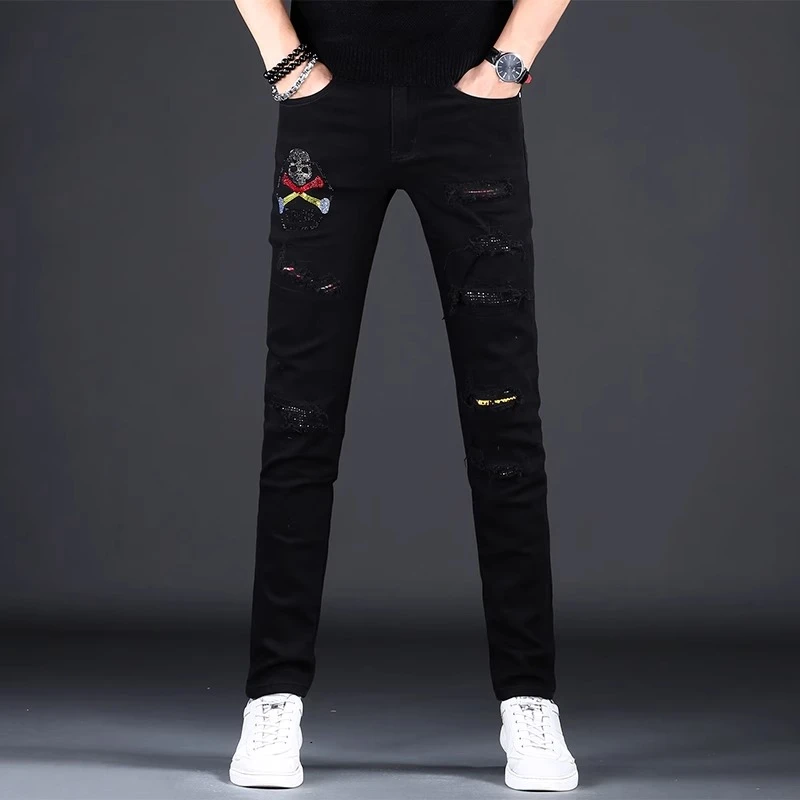 Cebrodz欧洲高端烫钻破洞黑色牛仔裤男款潮牌轻奢修身小脚裤新款