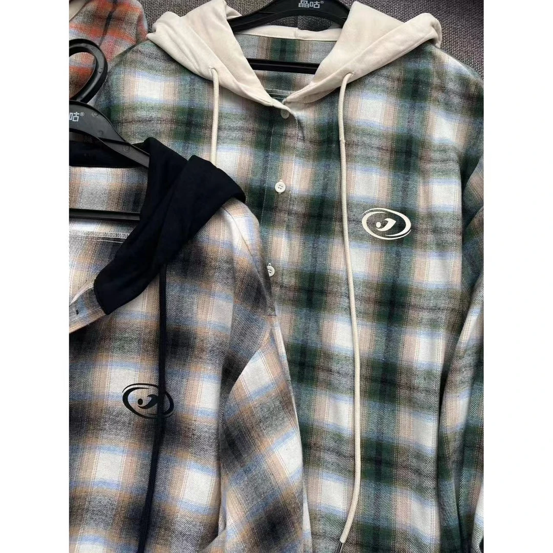 晶咕佳佳【温暖思绪】连帽抽绳单排扣格子外套长袖时尚休闲宽松