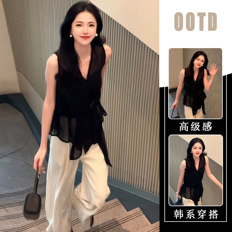 法式气质无袖上衣衬衫女高级感V领衬衣夏季新款垂感休闲裤两件套