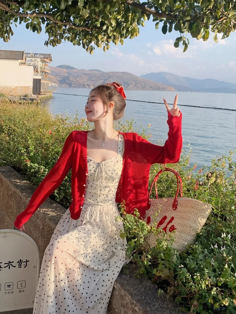 红色外搭开衫配吊带裙女2025夏季新款百搭防晒小罩衫针织外套上衣
